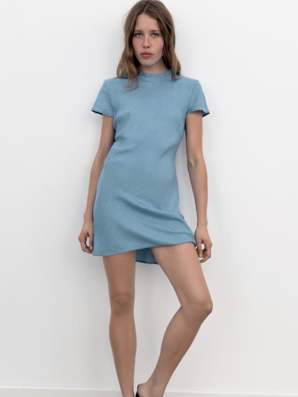 Zara Light Blue Open Back Mini Dress with Crewneck